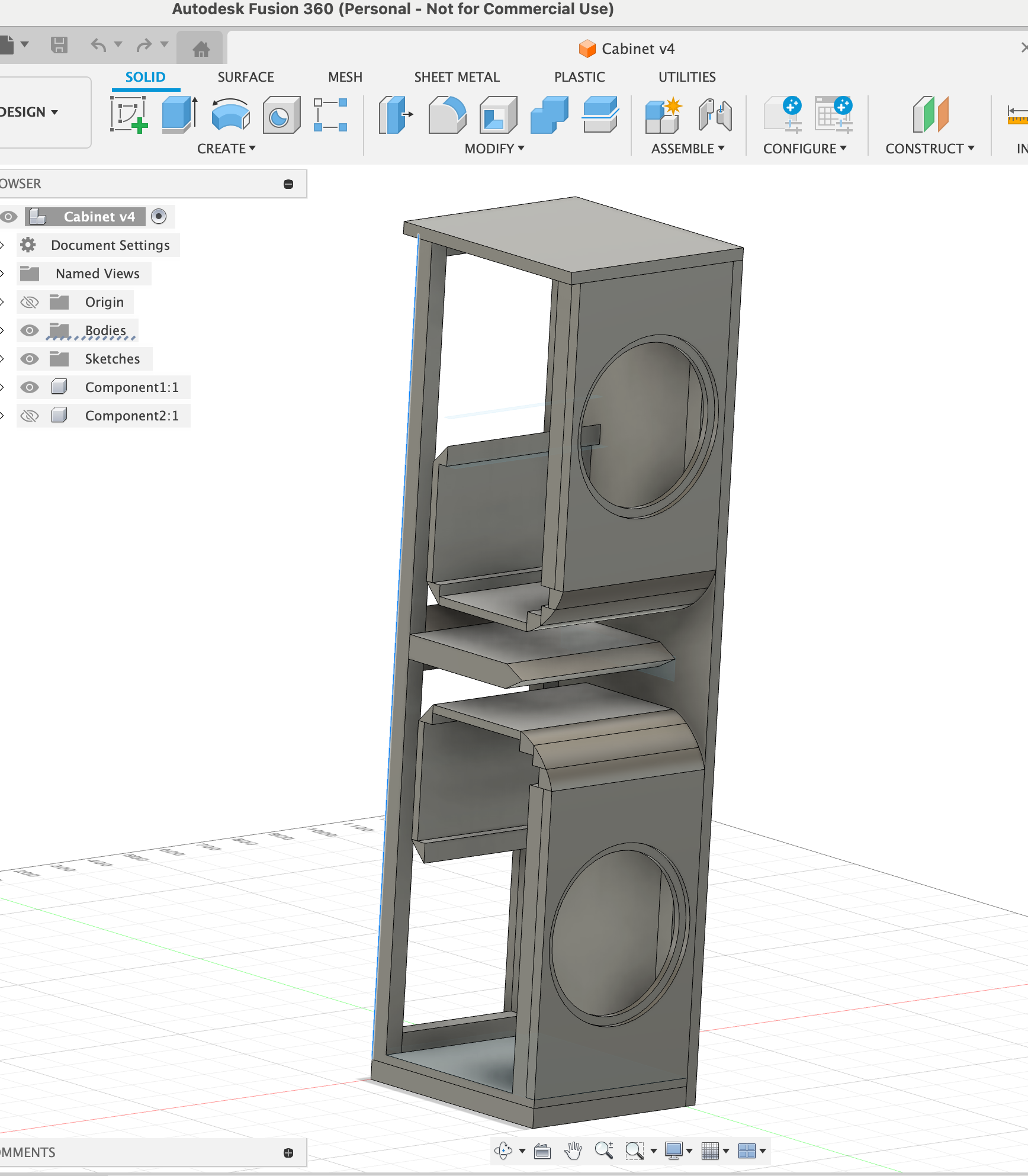 Autodesk Fusion 360 CAD design of custom speaker tower showing 3D mechanical engineering